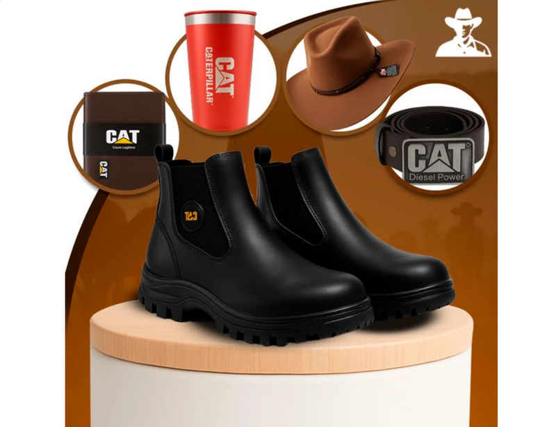 Kit Bota Masculina Adventure em Couro Legítimo e Palmilha Ortopédica +BRINDES: Chapéu, Cinto, Carteira e Copo