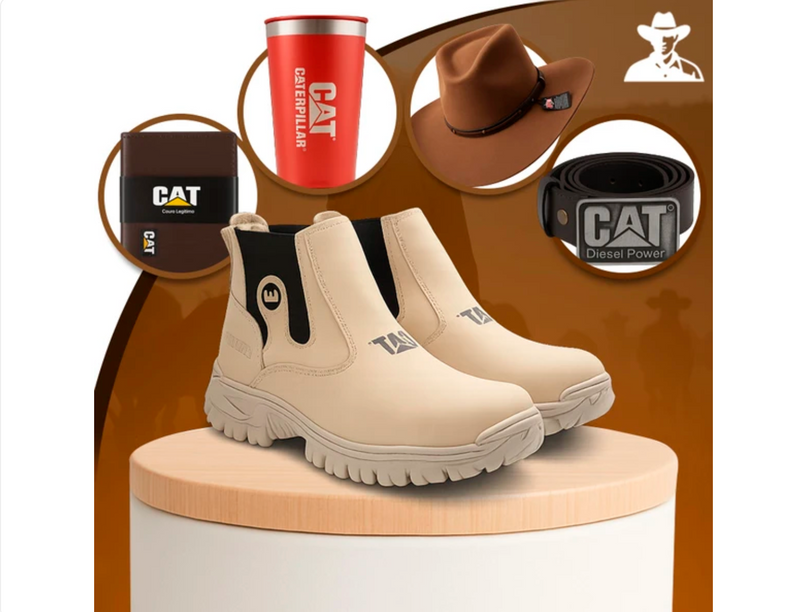 Kit Bota Masculina Adventure em Couro Legítimo e Palmilha Ortopédica +BRINDES: Chapéu, Cinto, Carteira e Copo