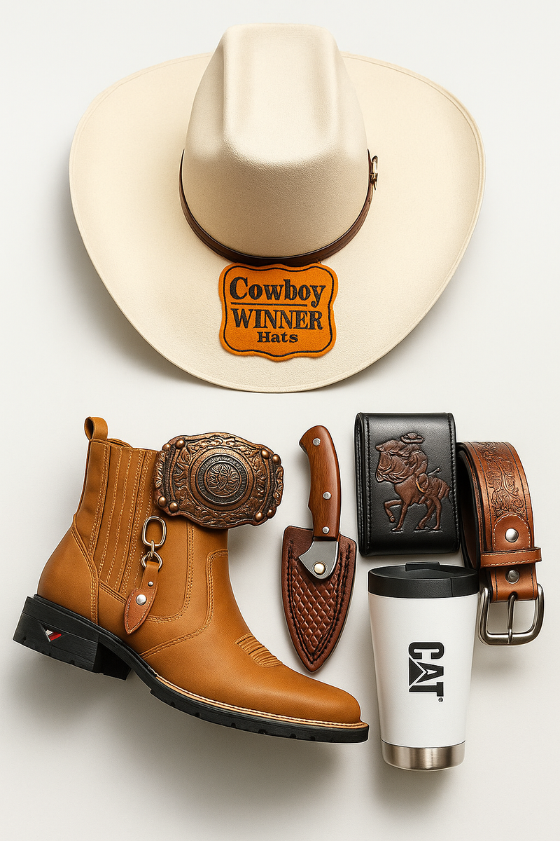 Kit Cowboy Caterpillar - Botina + Chapéu Boiadeiro + Cinto + 2 Facas + Copo Térmico + Fivela (Oferta do trabalhador, Só Hoje!)
